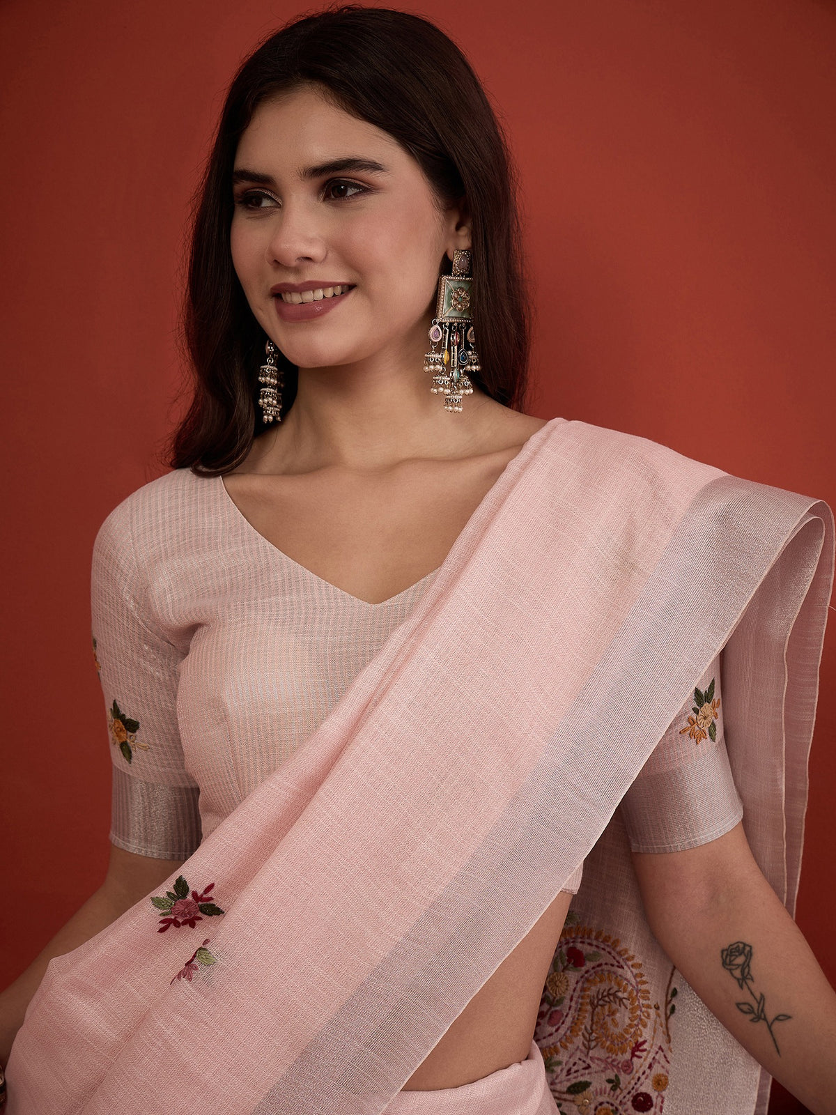 Pink linen blend saree view 6