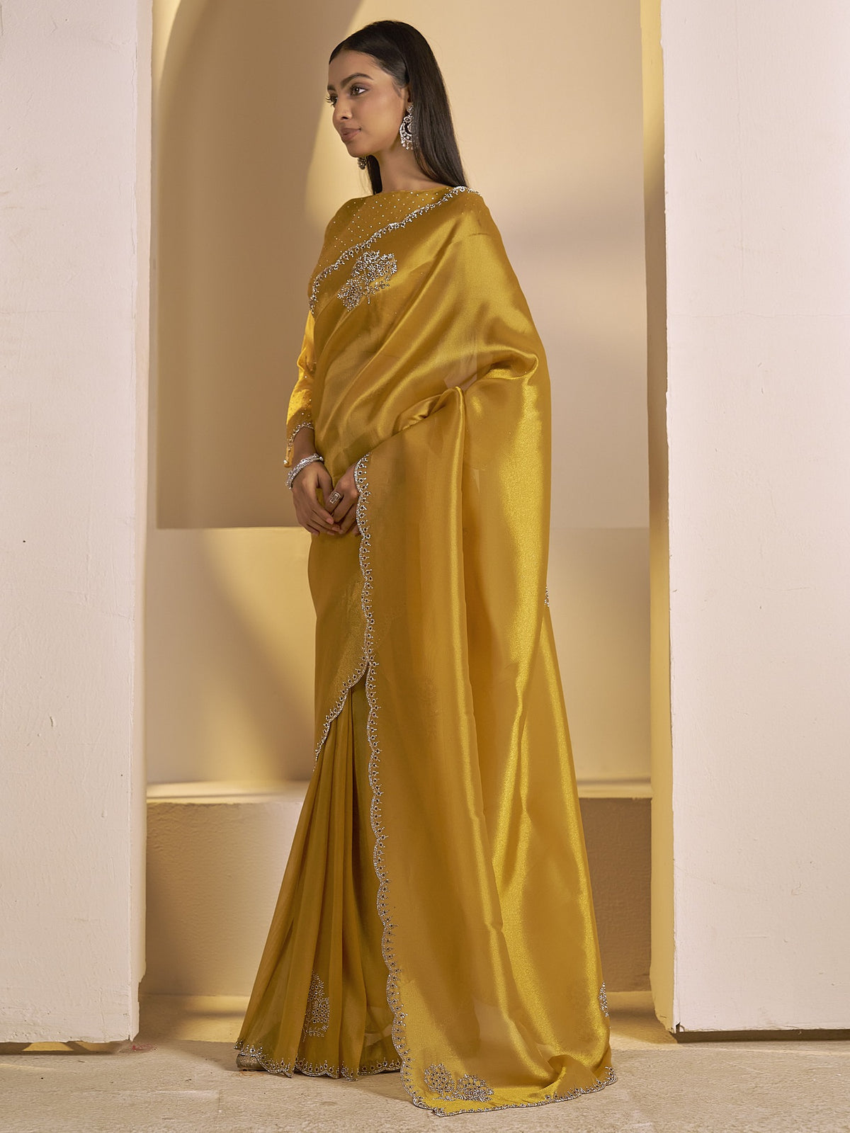 Gold organza saree view 1
