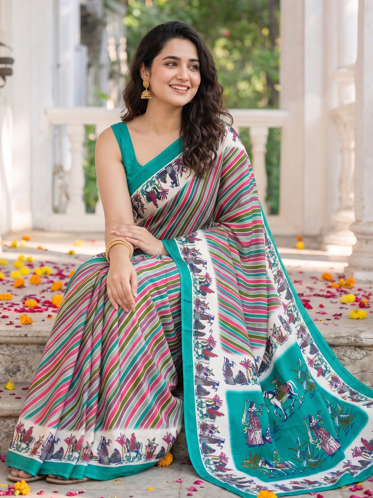 Teal Green crepe saree view 2