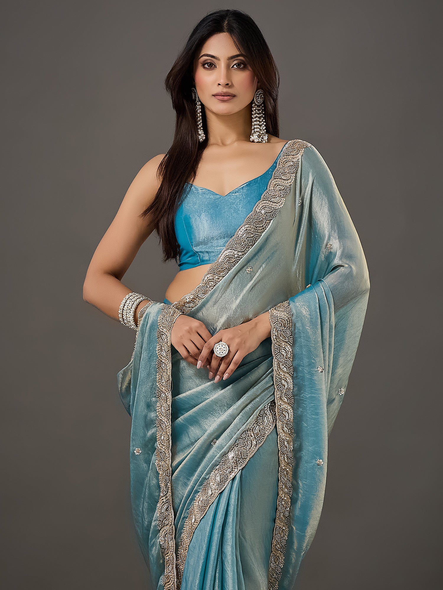 Light Blue Satin saree – detail view 3