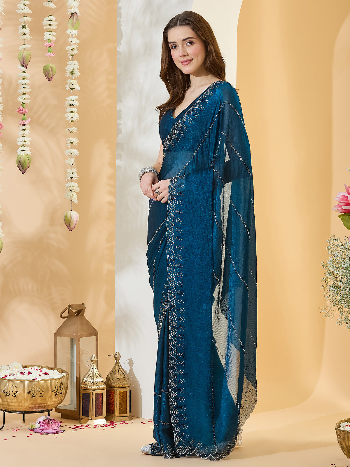 Navy Blue Chiffon saree – detail view 2