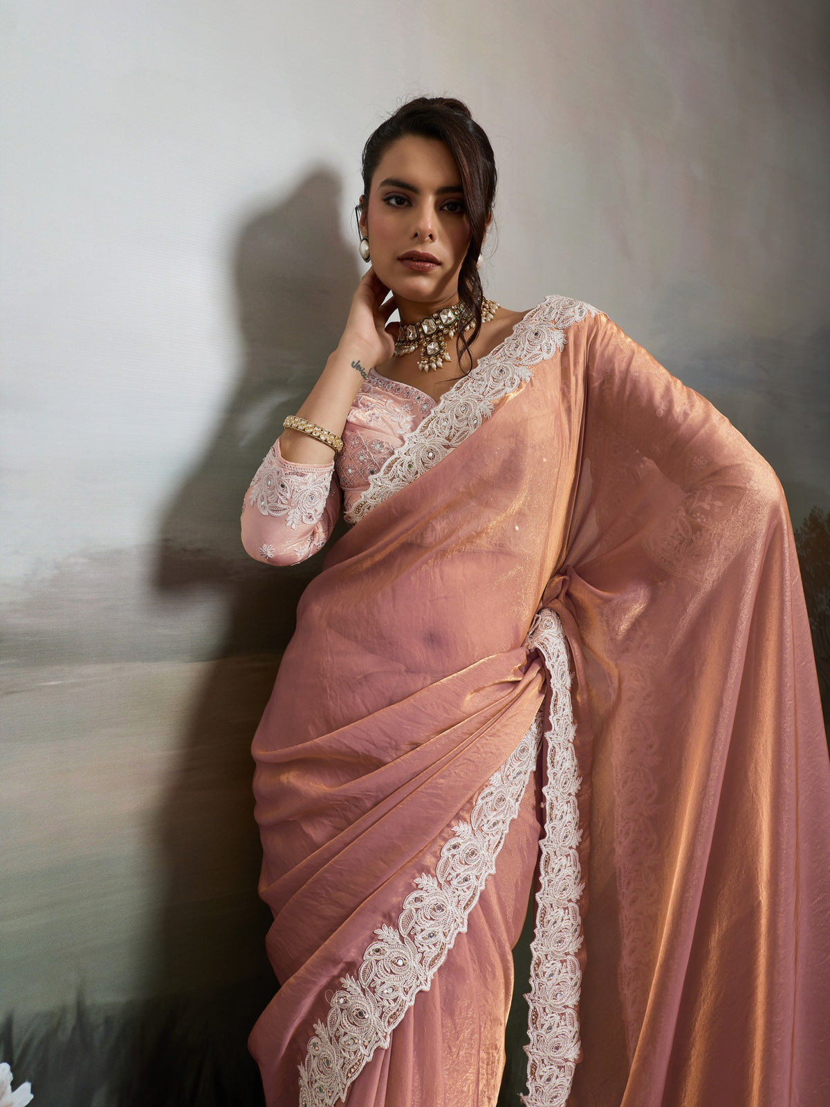 Peach Satin Silk saree – detail view 4