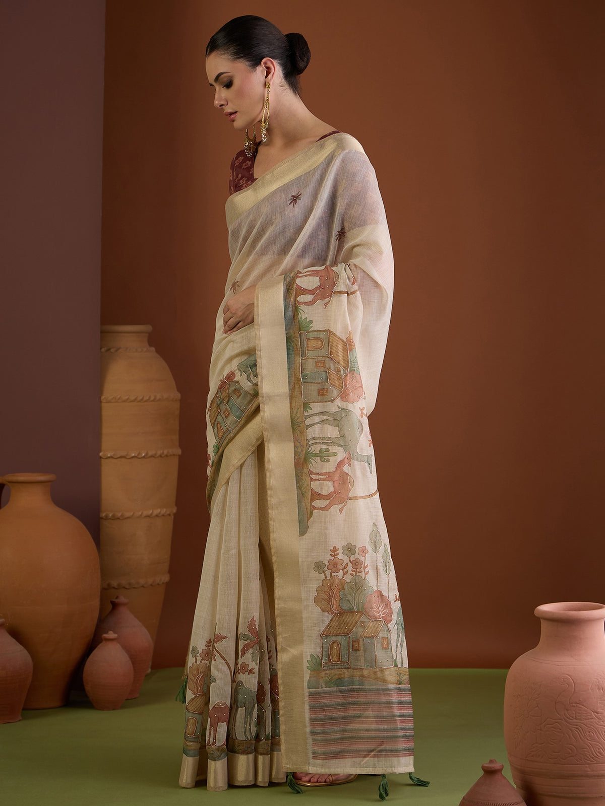 Beige linen blend saree view 3