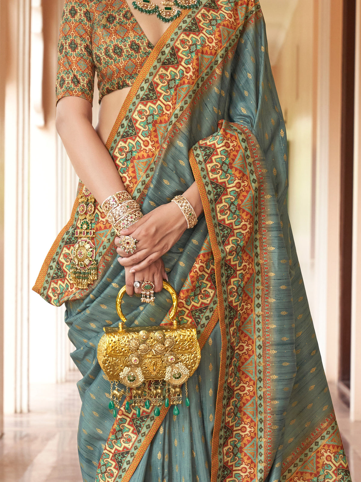 Sea Green silk blend saree view 3