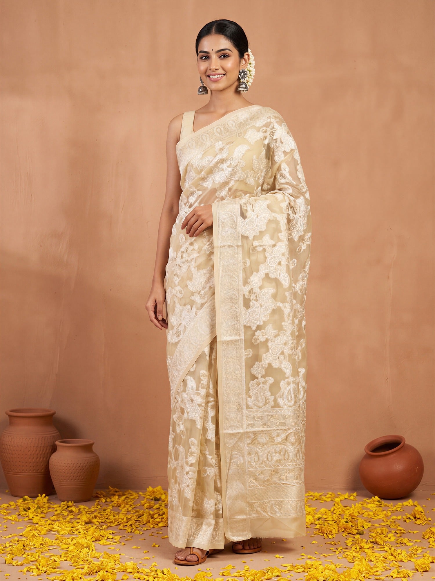 Woman wearing cream organza saree with traditional indian motif work and cream blouse