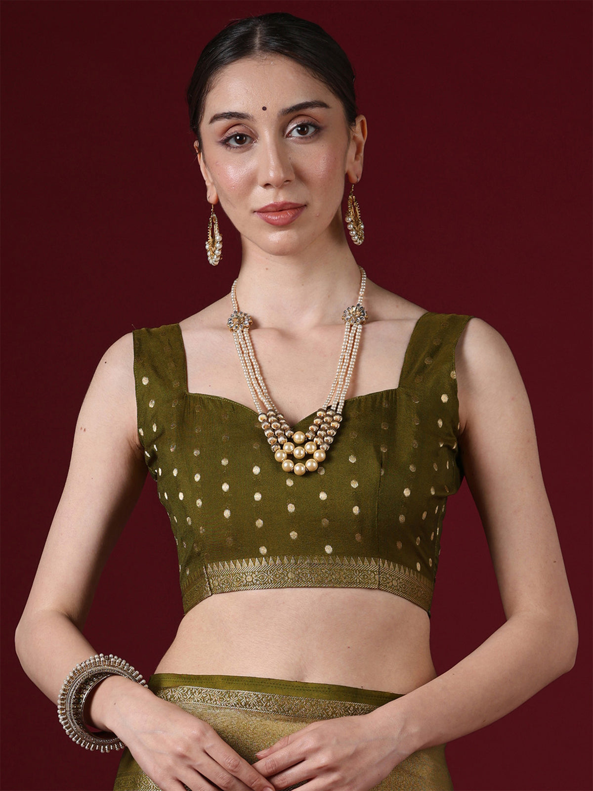 Unstitched olive banarasi silk blouse piece with woven design design
