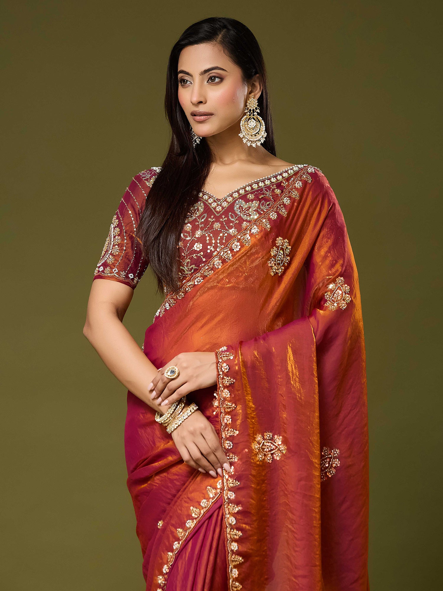 Orange Satin Silk saree – detail view 4