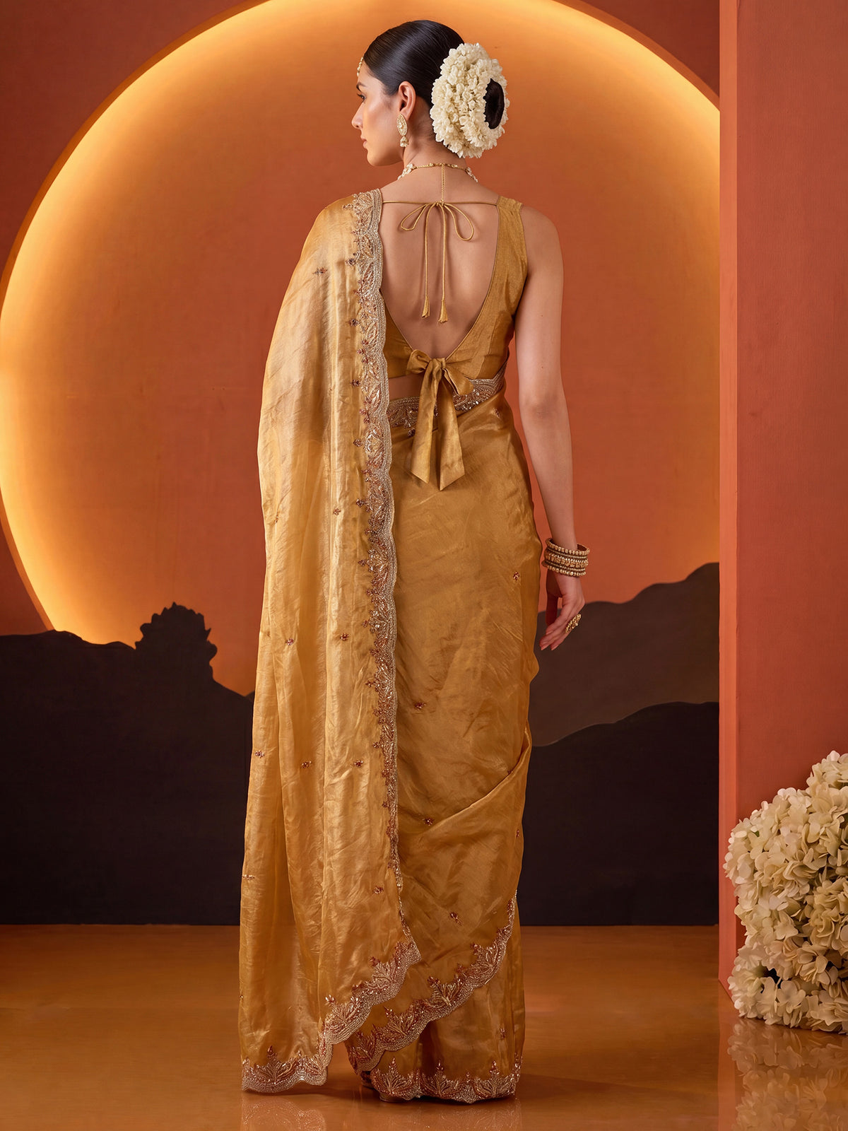 Mustard Satin saree – detail view 1