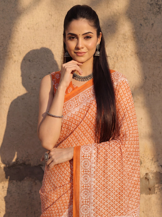 Orange Cotton saree – detail view 4