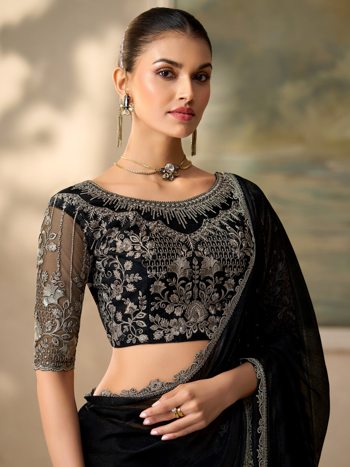 Black Chiffon saree – detail view 1