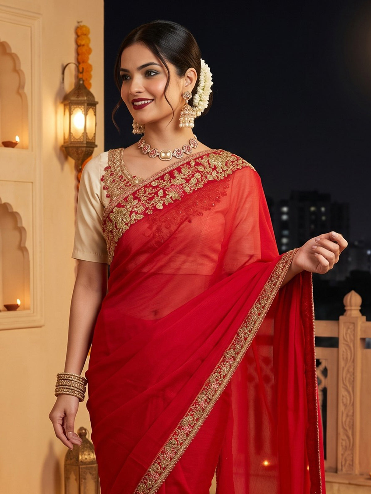 Red Satin Silk saree – detail view 4
