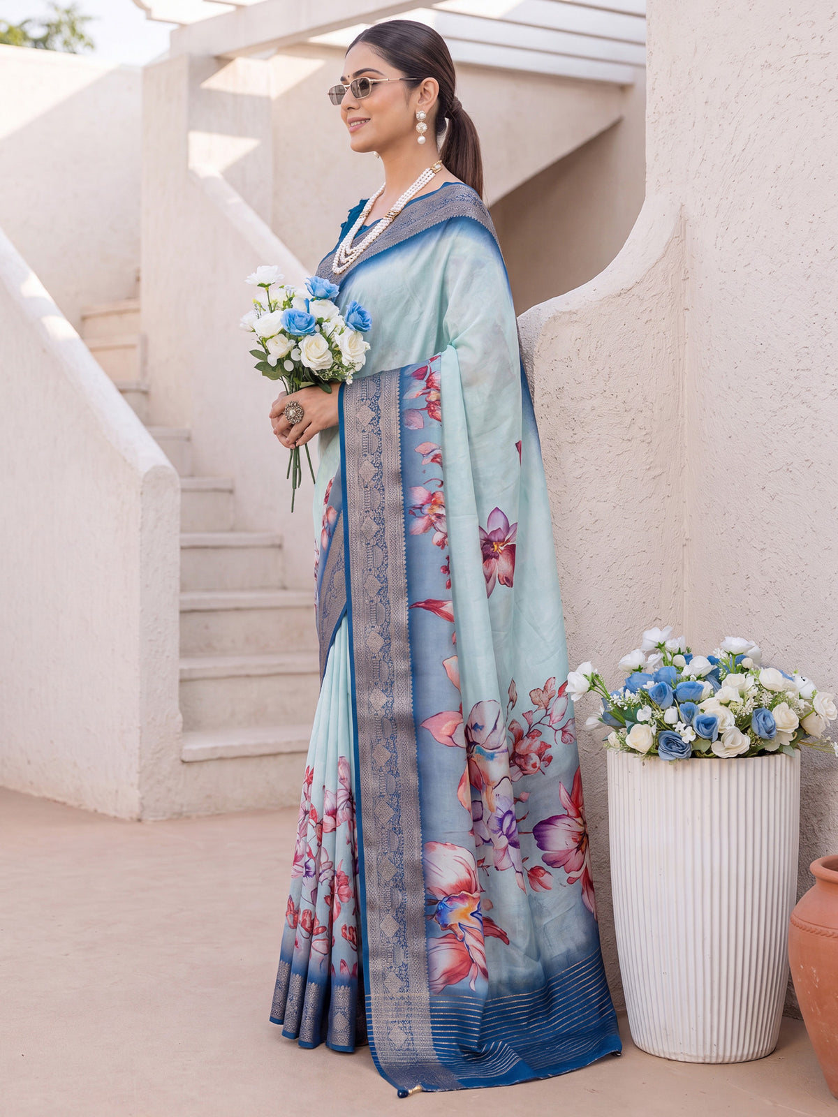 Light Blue Viscose Silk saree – detail view 2