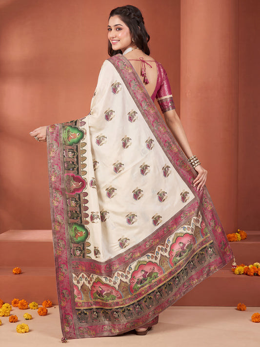 Cream Viscose Silk saree – detail view 1