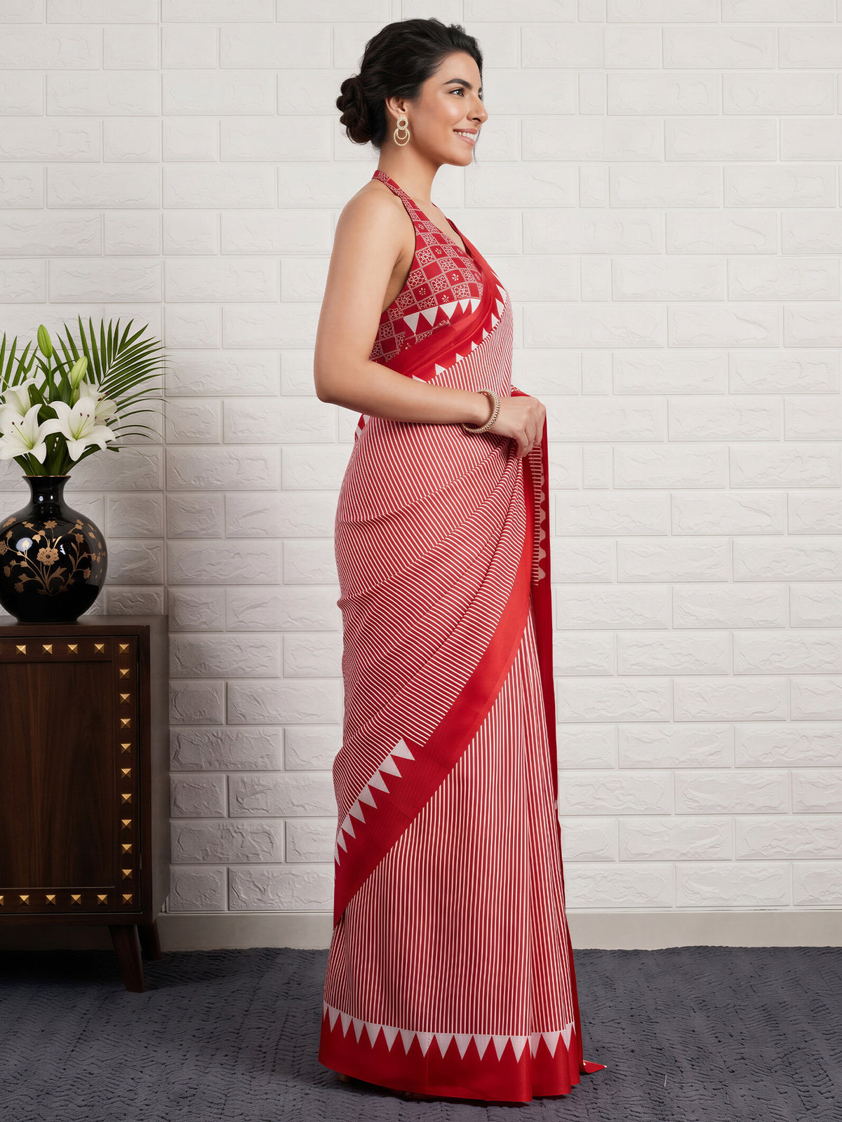 Red Satin Silk saree – detail view 2