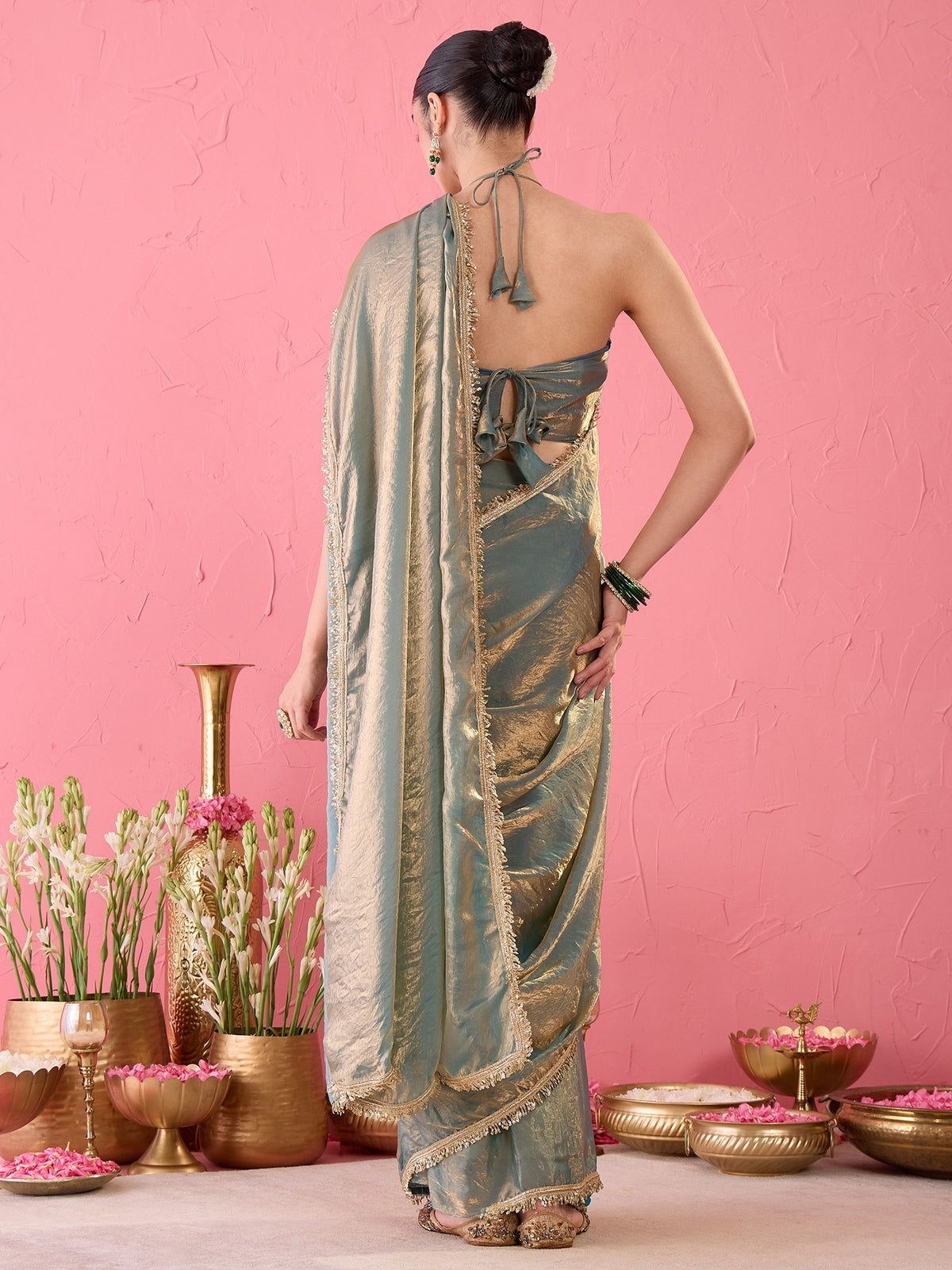 Teal Blue Paper Silk saree – detail view 3