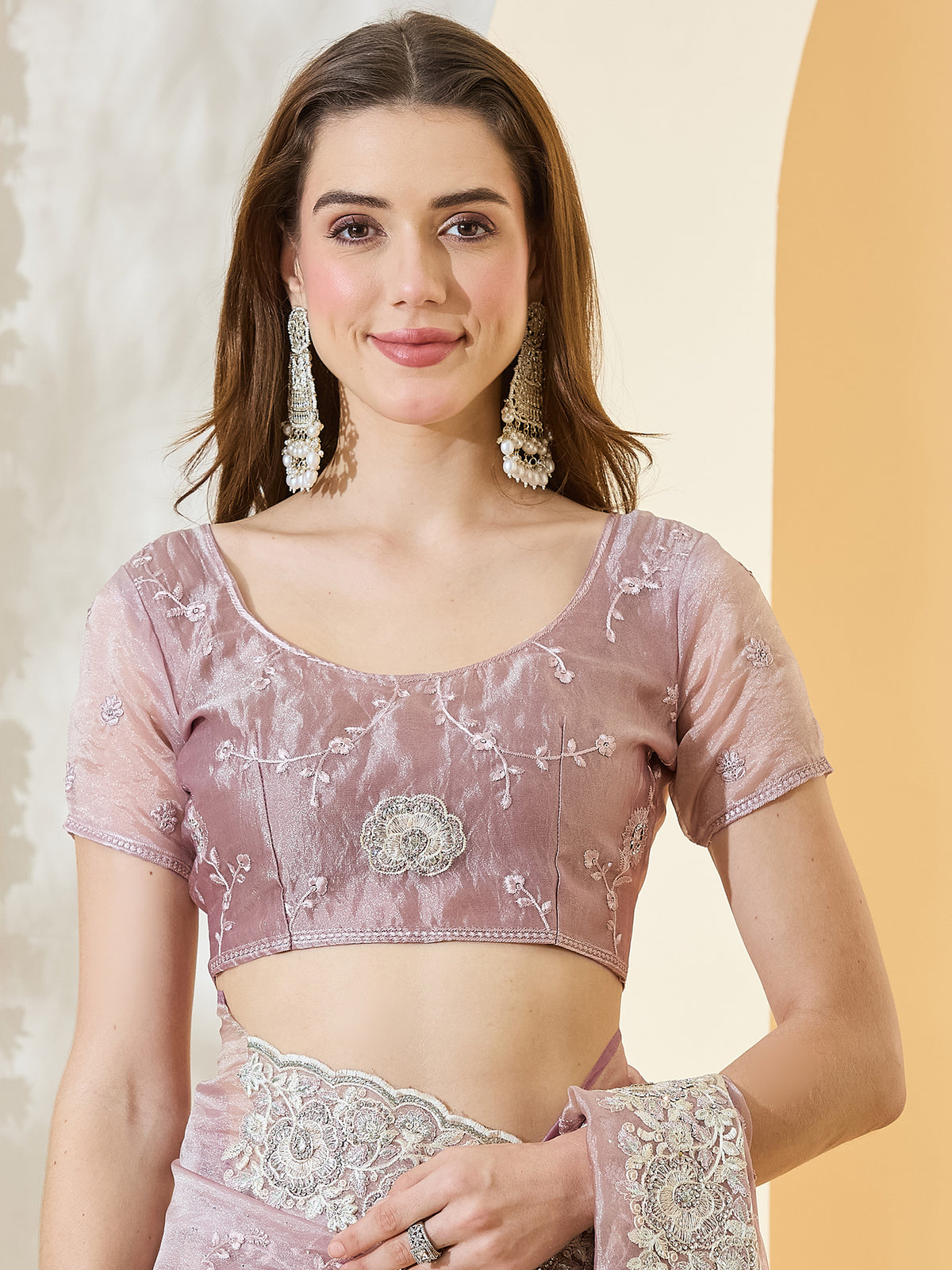Unstitched mauve organza blouse piece with embroidered design