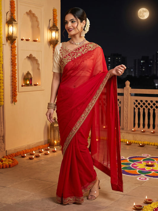 Woman wearing red satin silk saree with ornamented surface design and gold blouse
