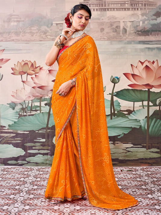 Woman wearing orange georgette saree with bandhani tie-dye dot work and red blouse
