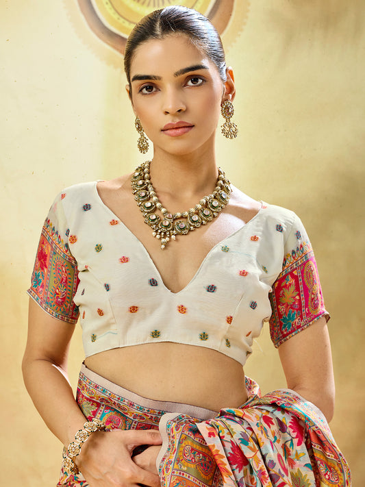 Unstitched off white muga cotton blouse piece with woven design design