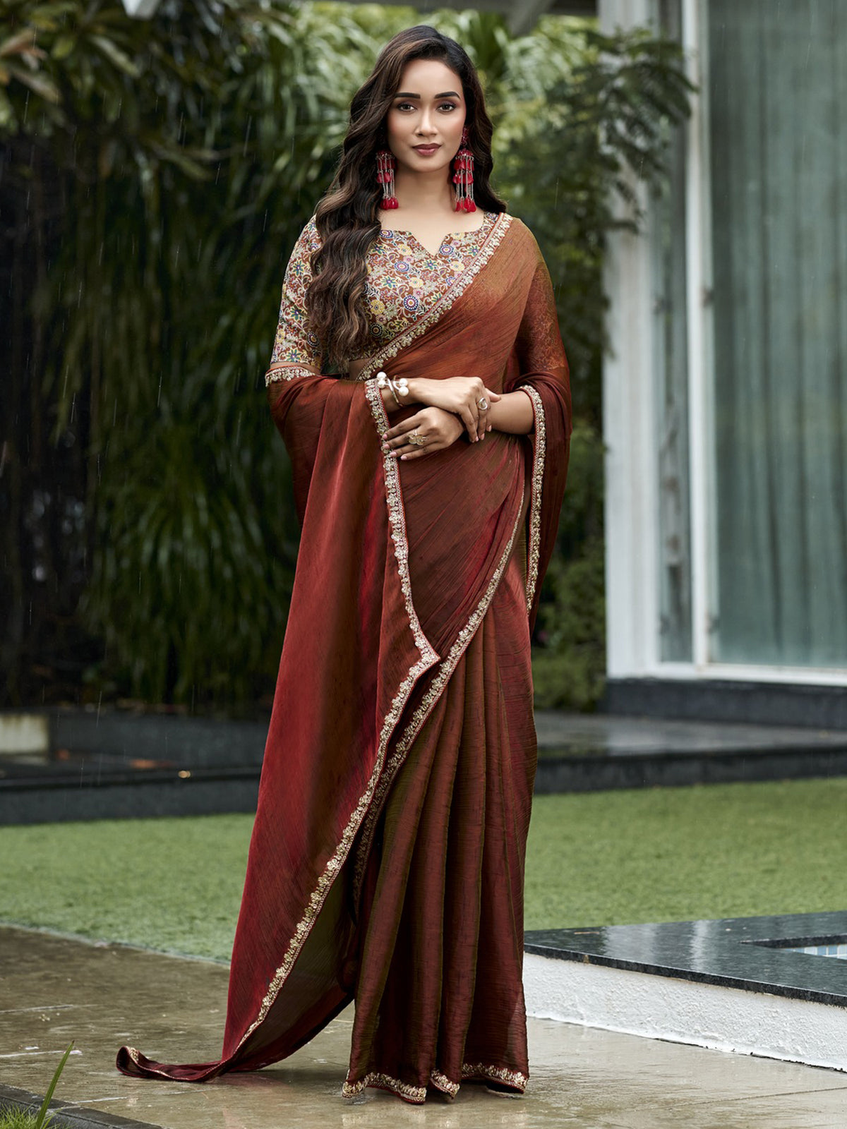 Brown chiffon saree view 3