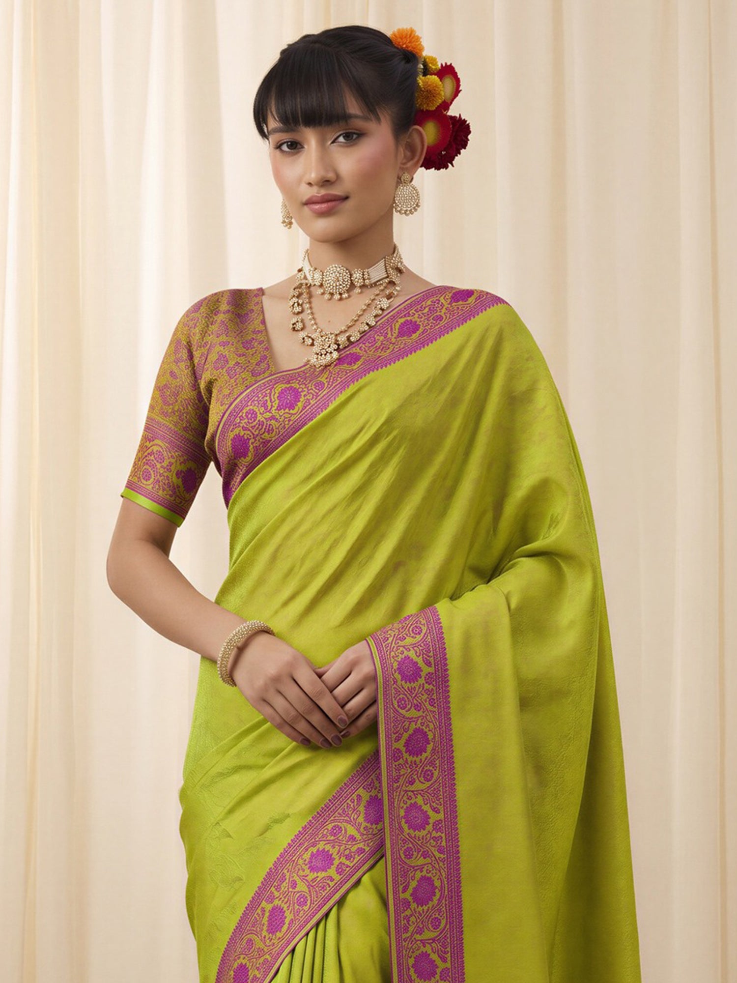 Lime Green Silk Blend saree – detail view 3