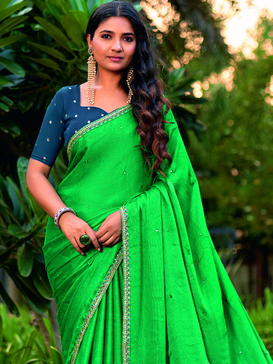 Teal Green chiffon saree view 2