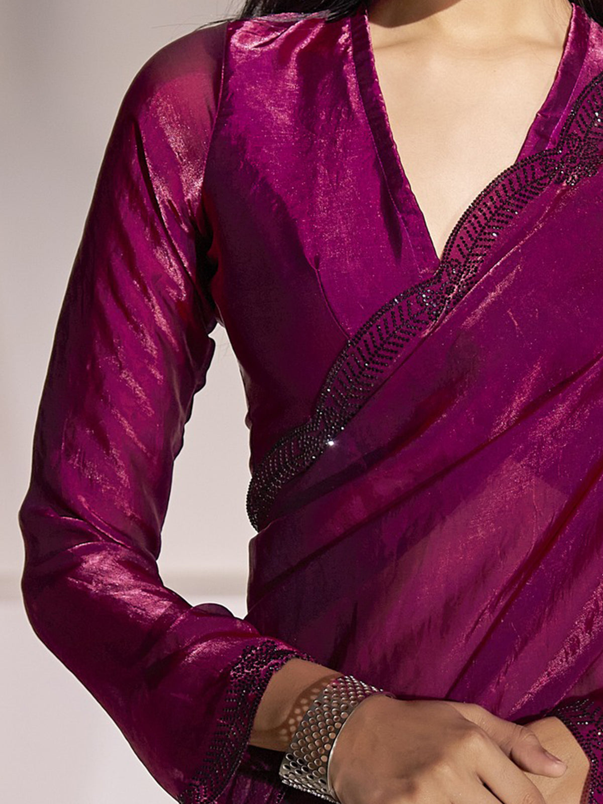 Unstitched magenta satin silk blouse piece with solid design