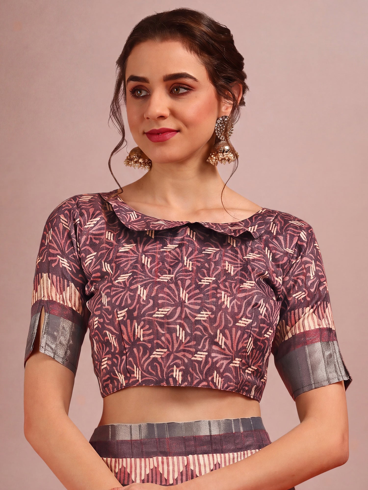 Unstitched burgundy cotton silk blouse piece with ethnic motif design