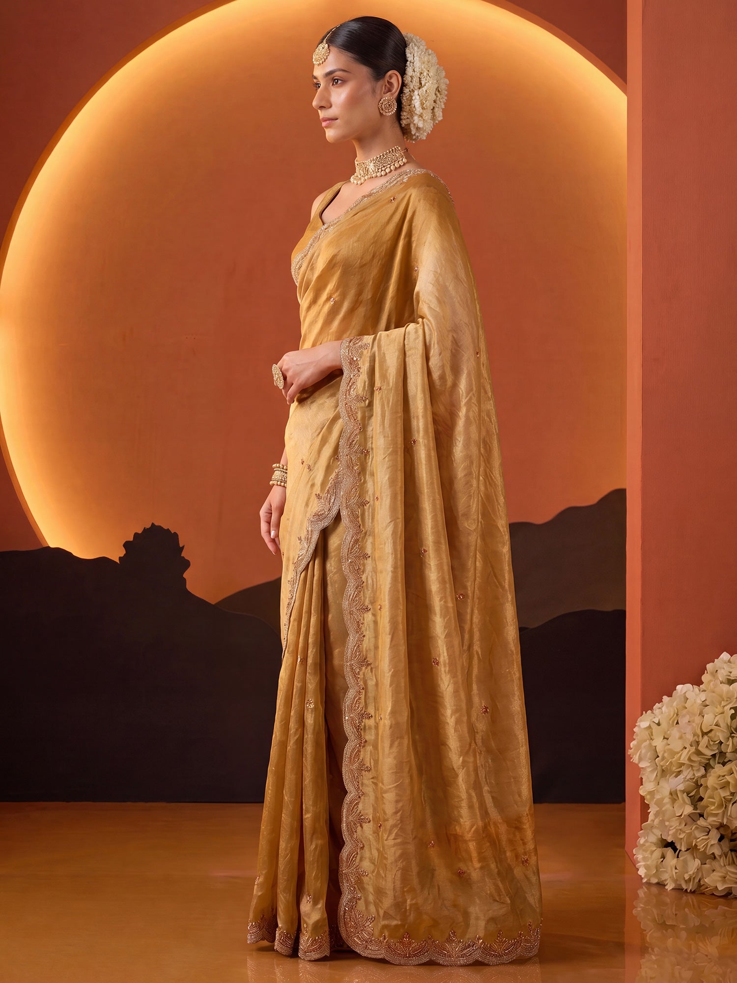 Mustard Satin saree – detail view 2
