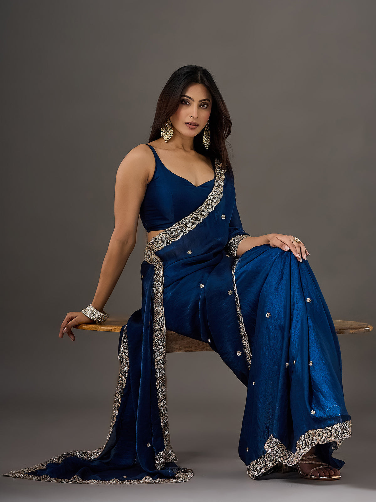 Teal Blue Satin saree – detail view 2