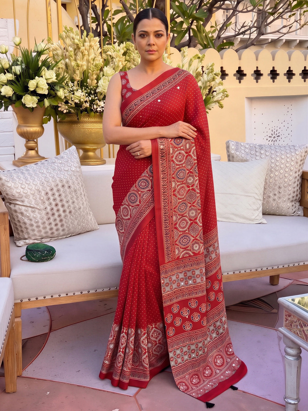 Red satin saree view 3