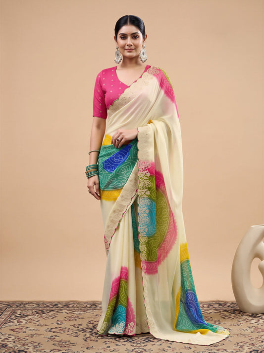 Woman wearing cream chiffon saree with bandhani tie-dye dot work and pink blouse