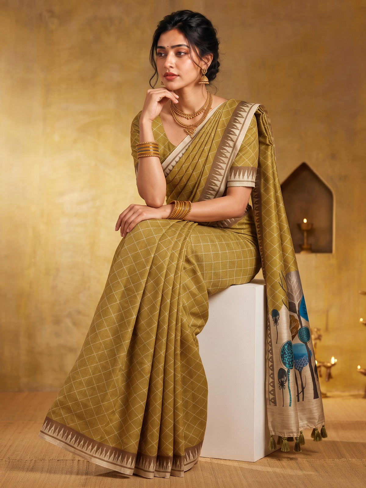Olive soft silk saree view 1