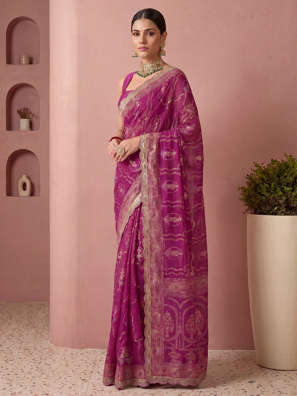 Pink Vichitra Silk saree – detail view 2