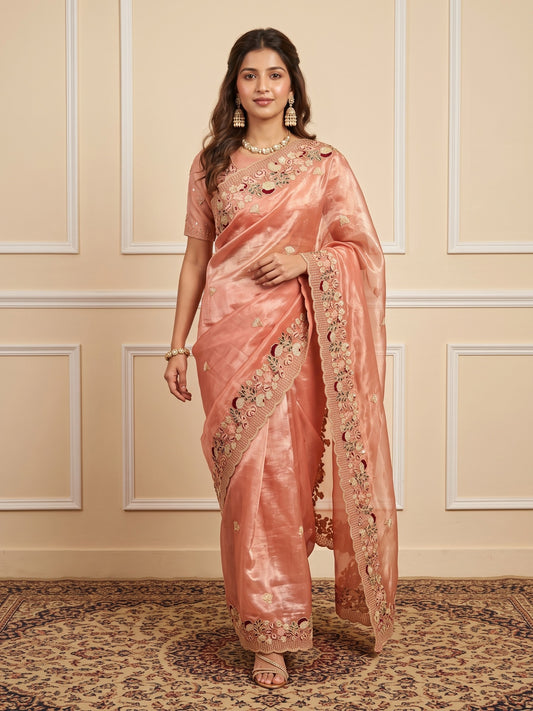 Woman wearing peach organza saree with embroidered motif work and peach blouse