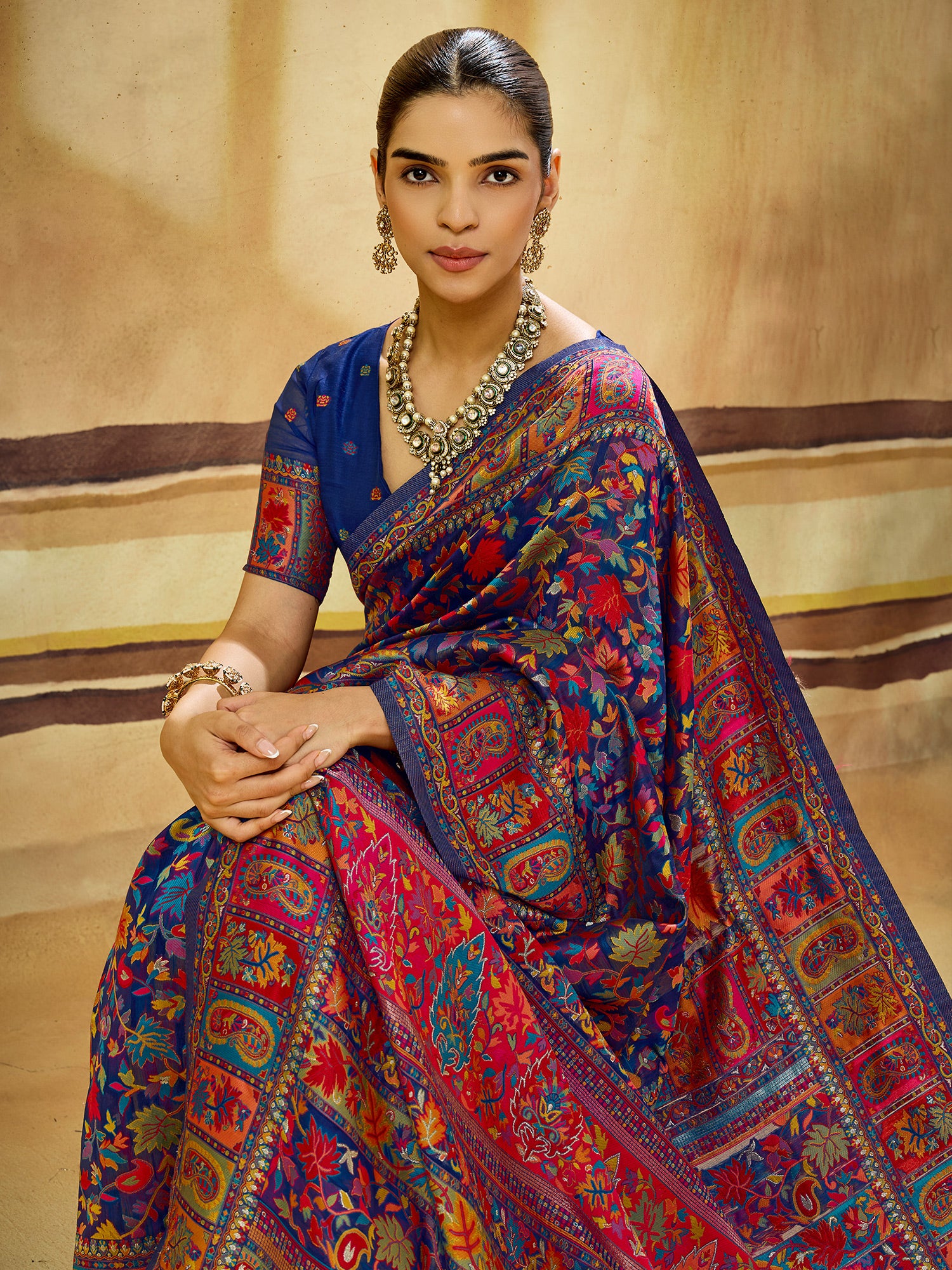 Navy Blue Muga Cotton saree – detail view 3