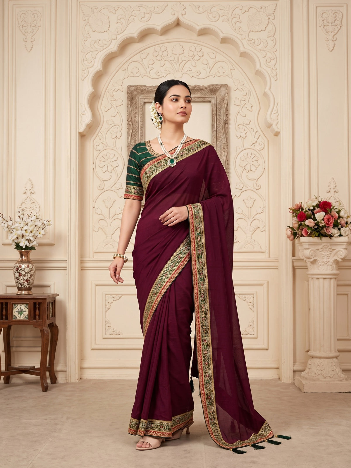 Woman wearing wine vichitra silk saree with clean solid-tone finish and green blouse