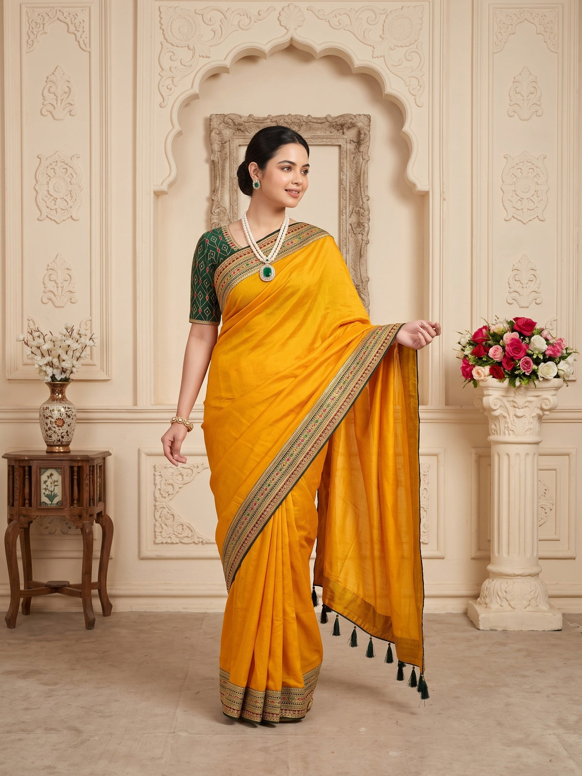 Mustard Vichitra Silk saree – detail view 4
