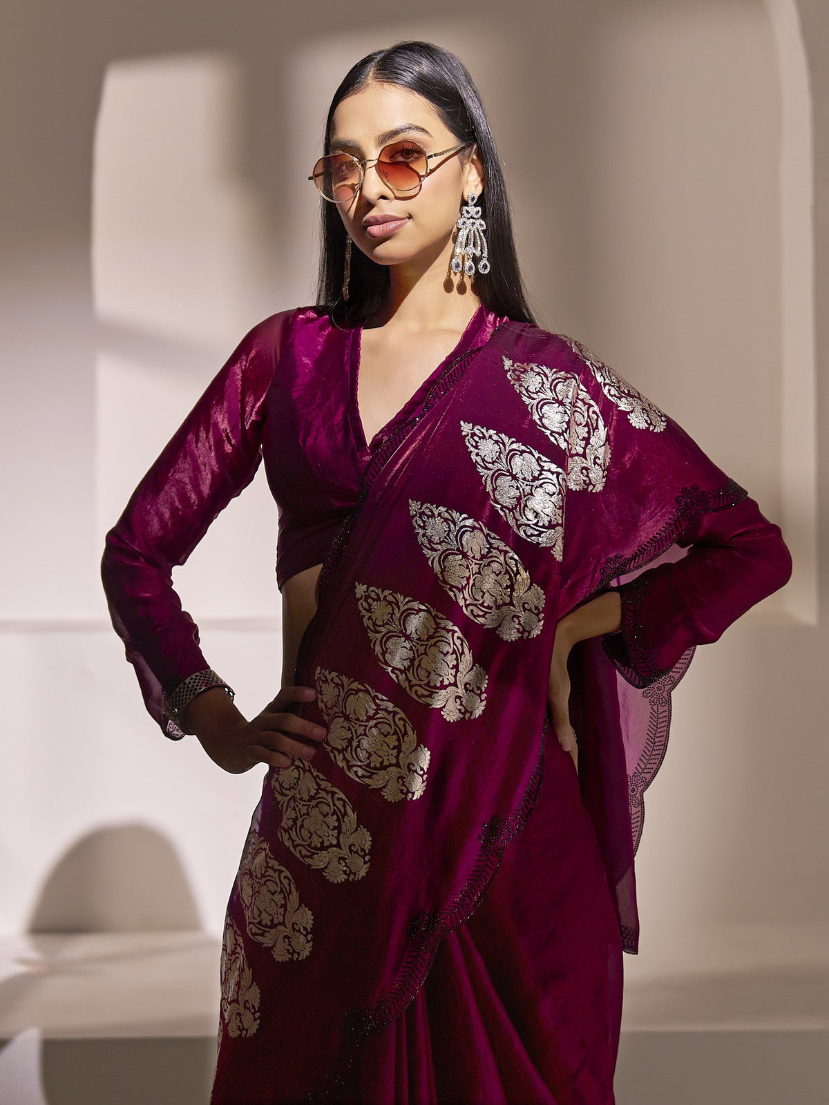 Magenta satin silk saree view 4