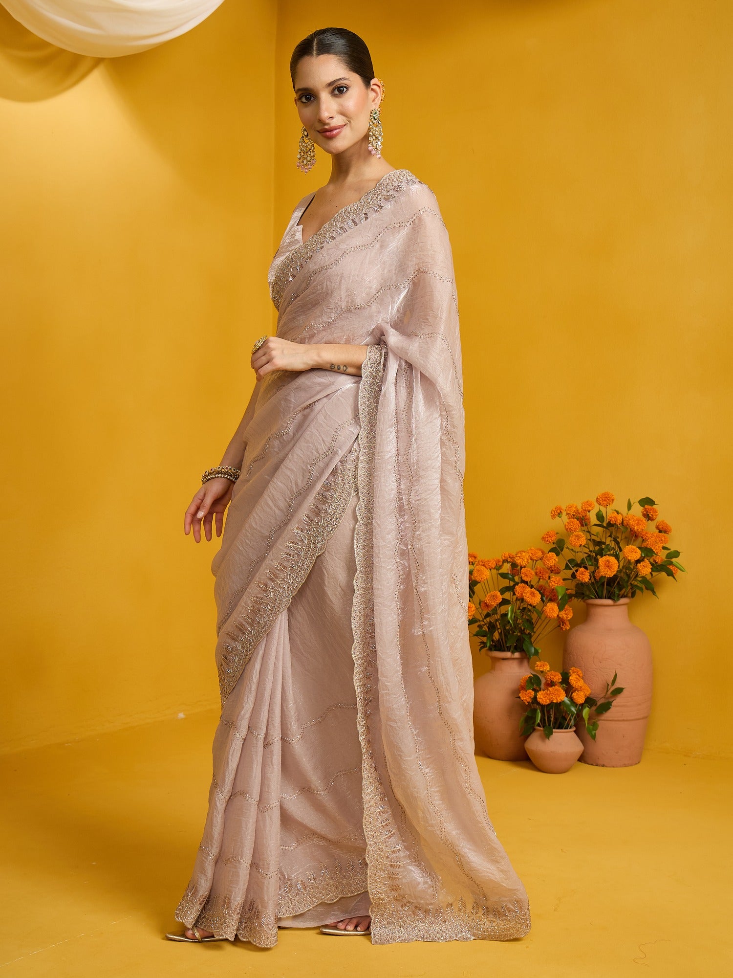 Beige Satin Silk saree – detail view 1