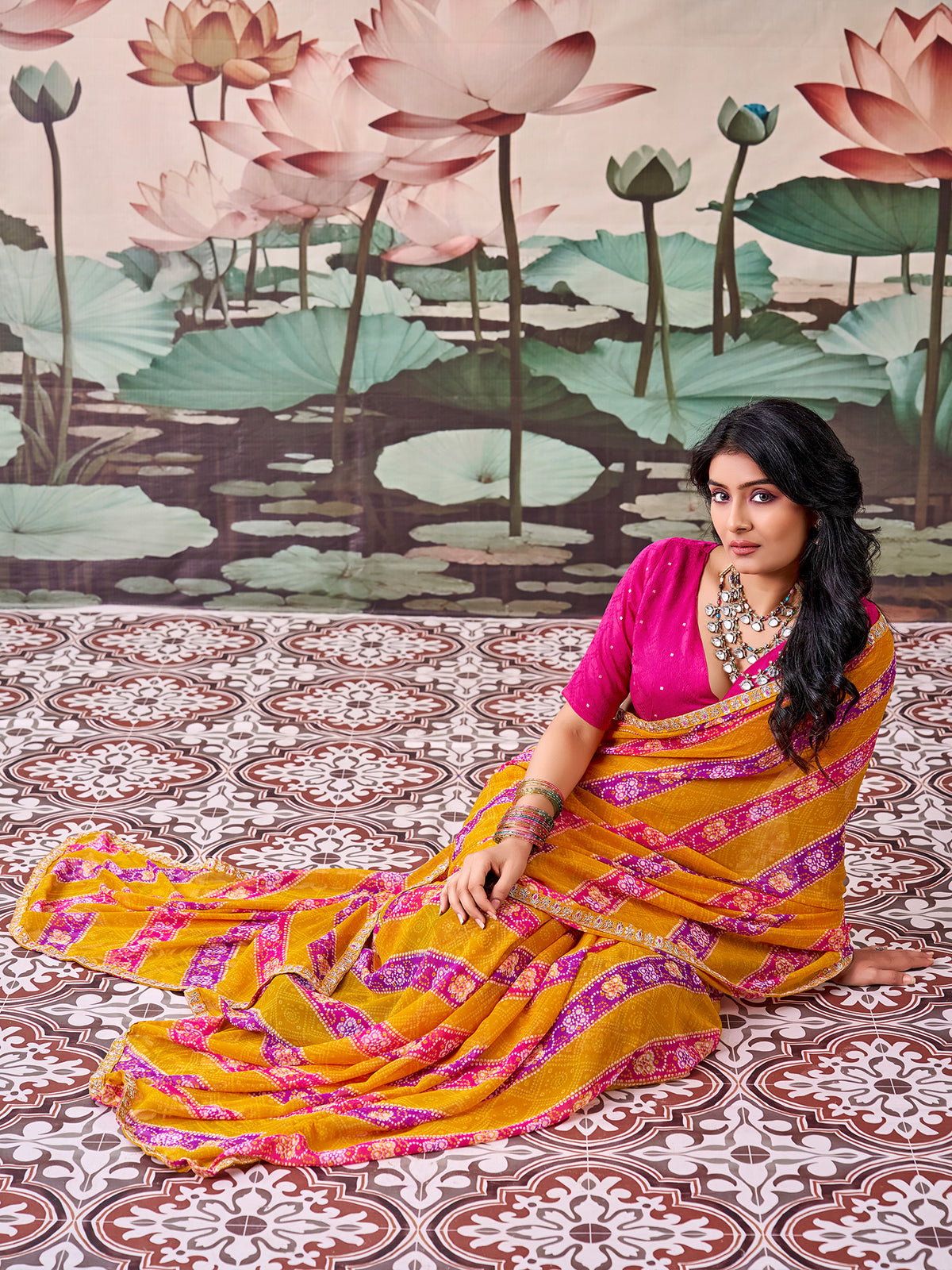 Mustard Georgette saree – detail view 2