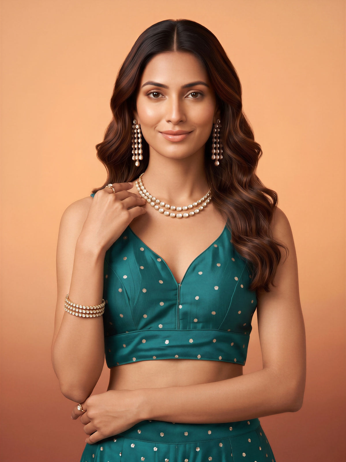 Teal Blue sequin embellished silk blend sleeveless readymade saree blouse with v neck view 3
