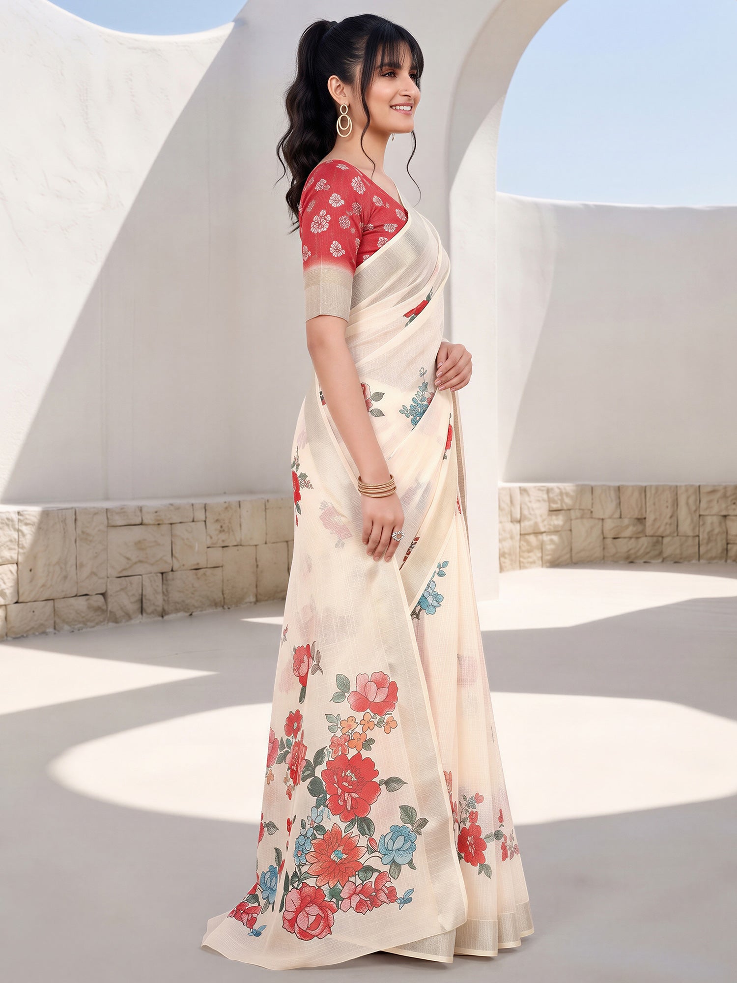 Cream Cotton Linen saree – detail view 2