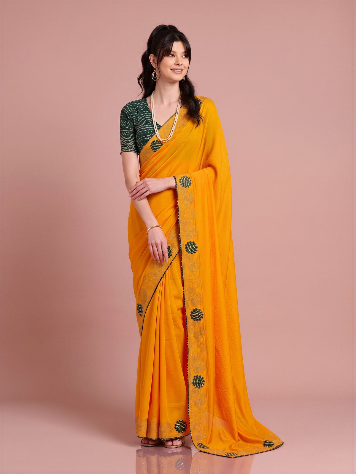 Yellow Vichitra Silk saree – detail view 3