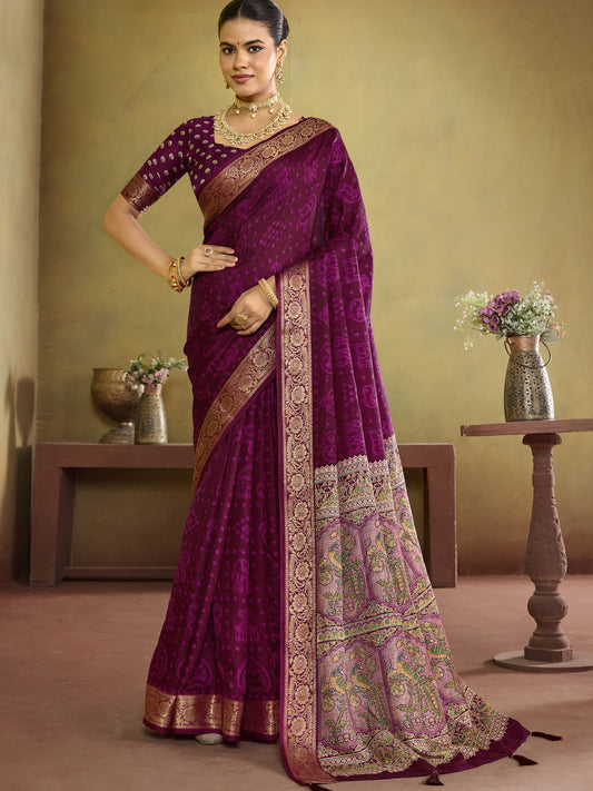Wine ethnic motif tussar silk saree with wine blouse piece