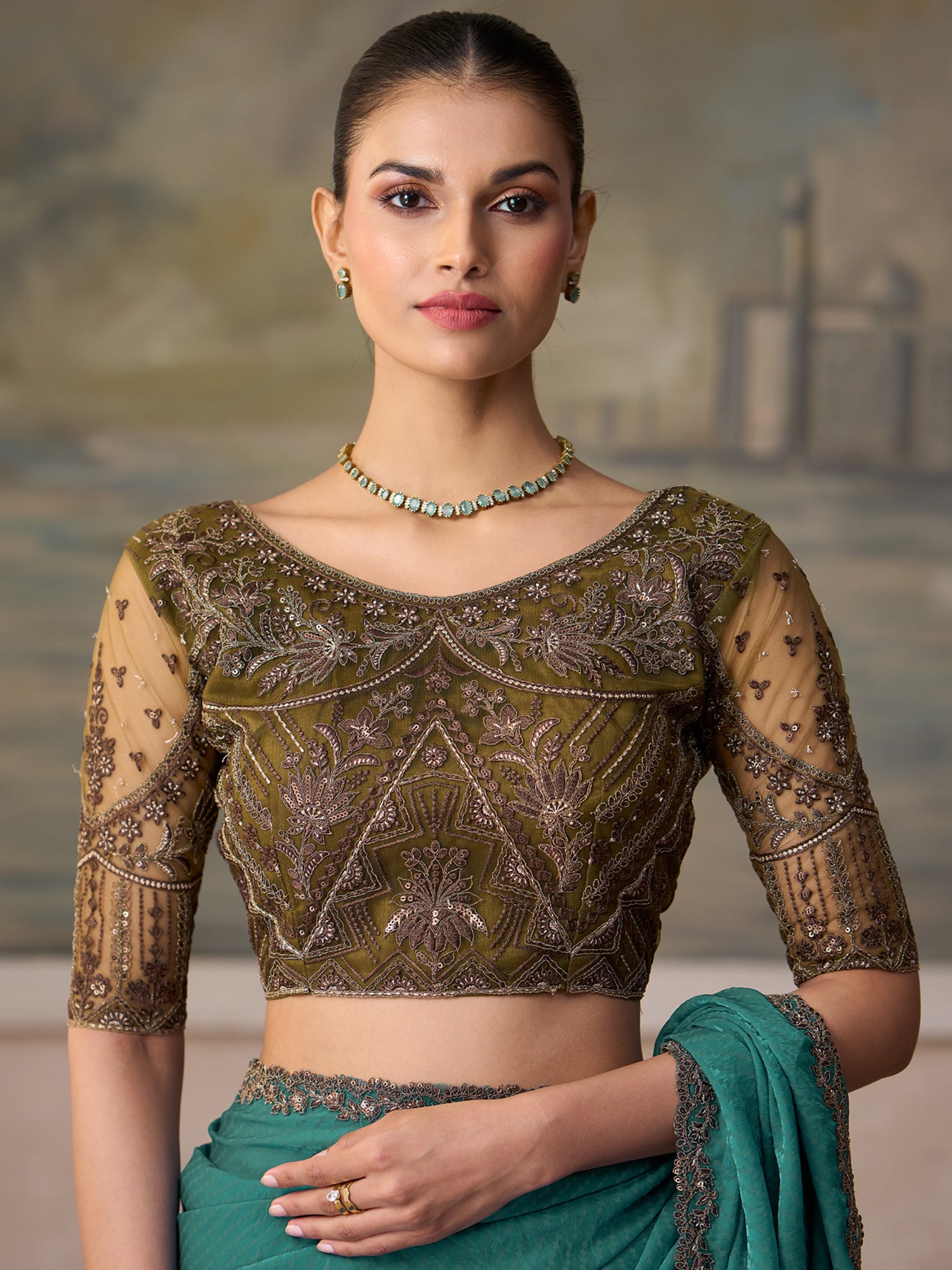 Unstitched grey tussar silk blouse piece with embellished design