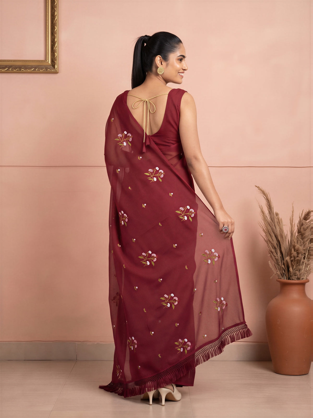 Maroon Kota Doria Cotton saree – detail view 1