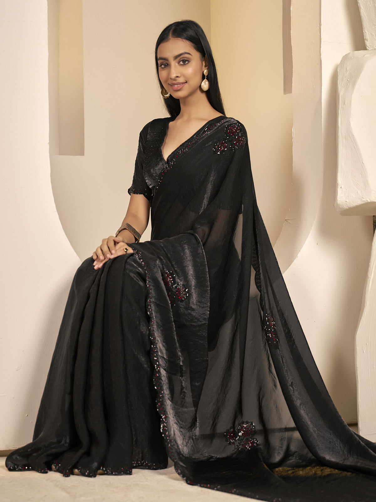 Black satin silk saree view 4
