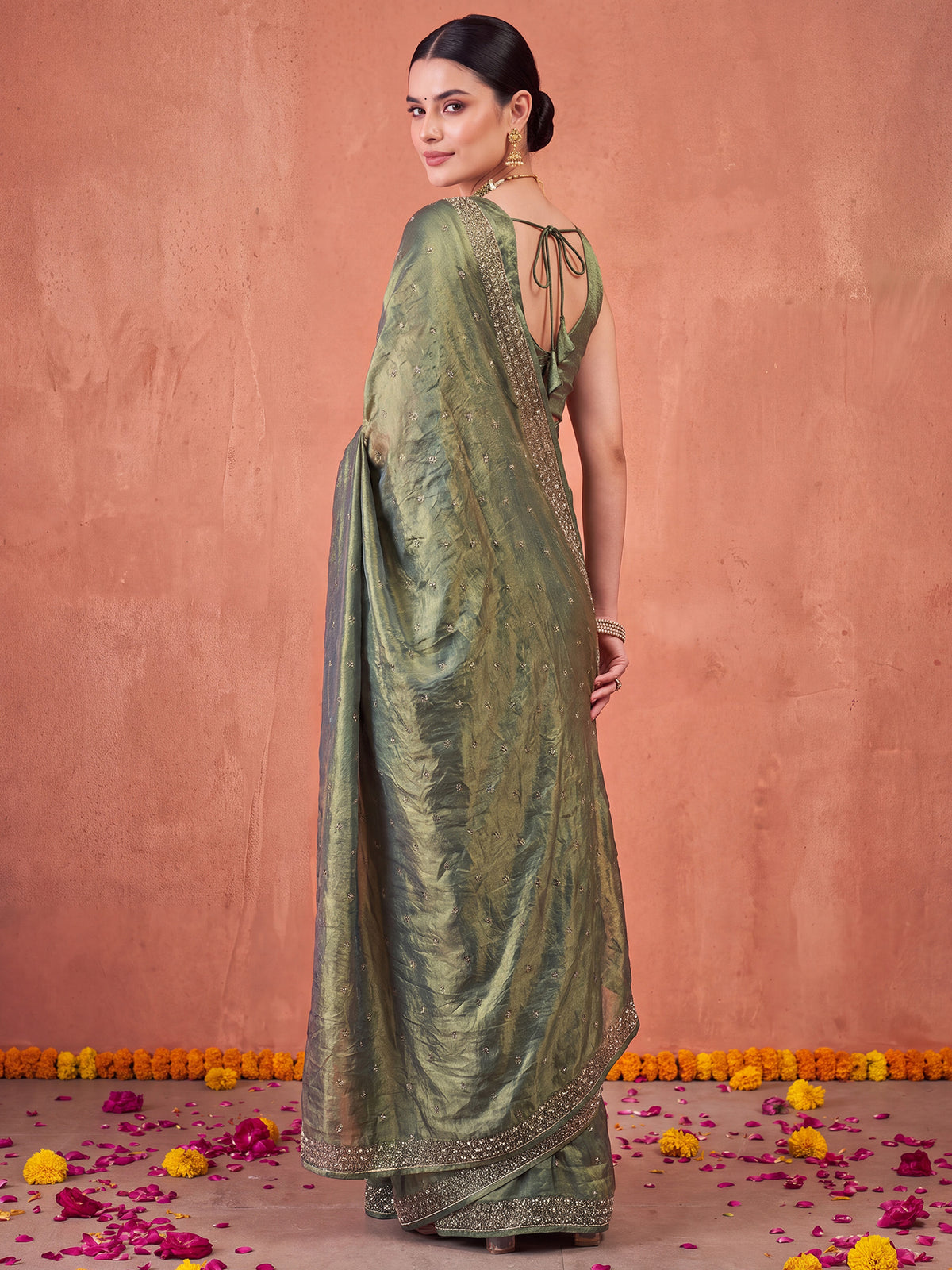 Olive Satin Silk saree – detail view 1