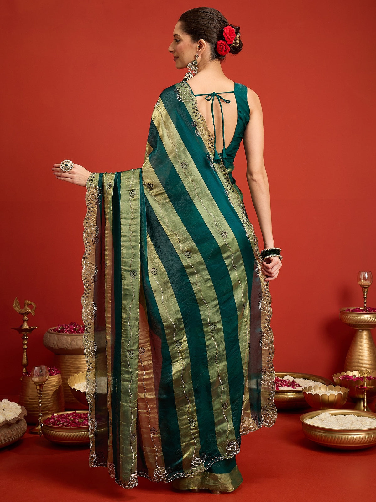 Teal Green Satin Silk saree – detail view 6